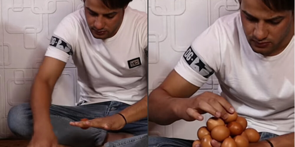 مرد عراقی رکورد حفظ تعادل ۱۸ تخم مرغ با یک دست را از آن خود کرد/ عکس