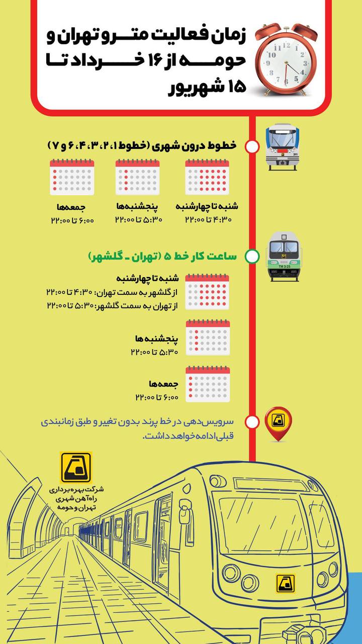 جزئیات زمان فعالیت متروی تهران؛ از ۱۶ خرداد تا ۱۵ شهریور