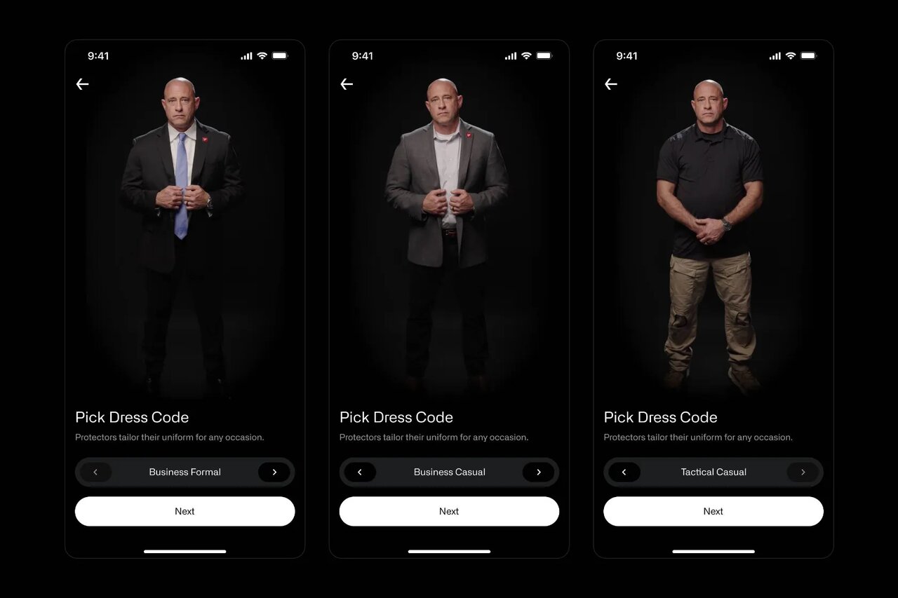 رابط کاربری اپلیکیشن پروتکتور برای تعیین لباس فرم محافظ - شامل سه مرد با لباسهای مختلف