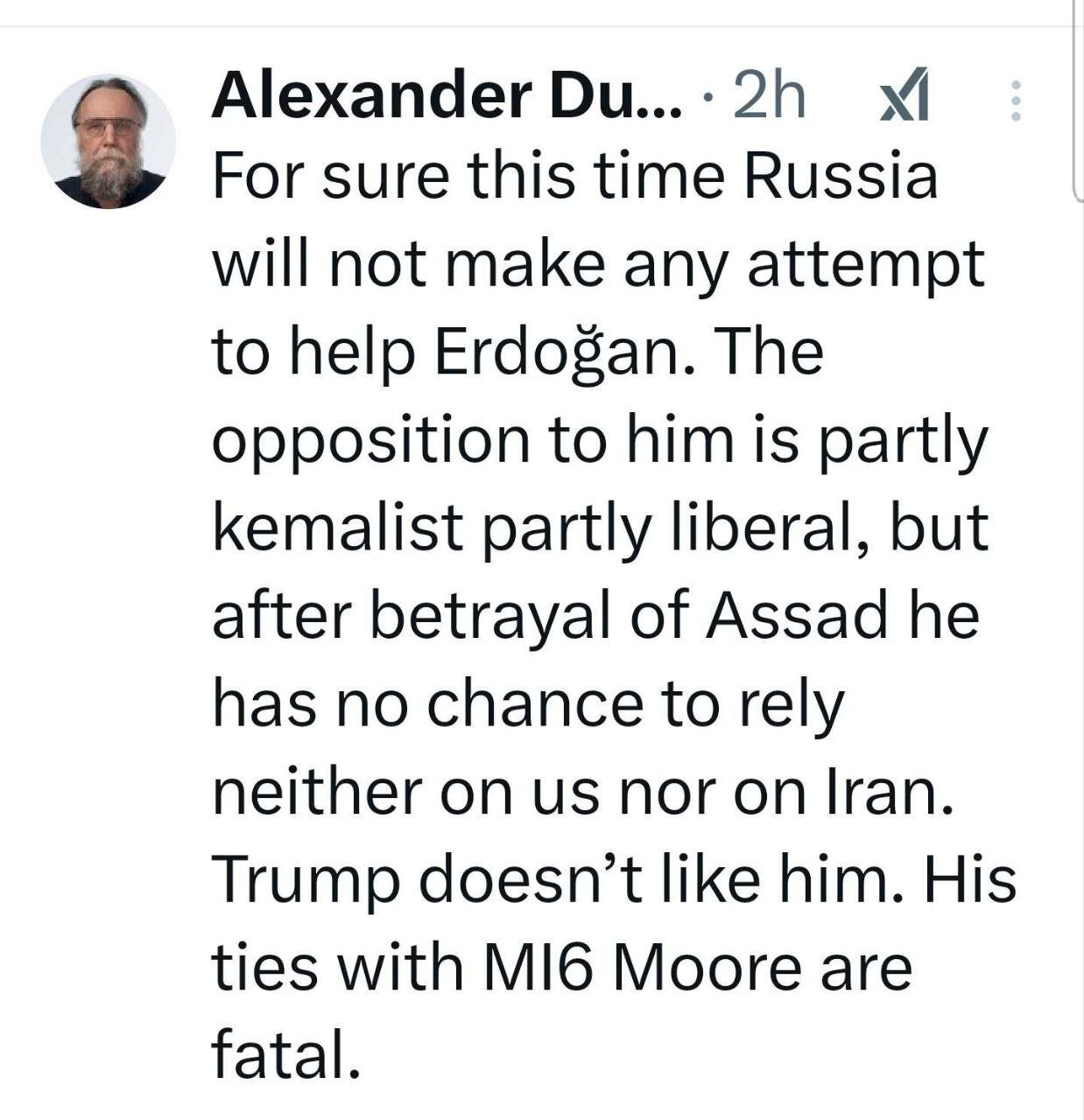 دوگین: اردوغان دیگر شانسی برای اتکا به ایران ندارد