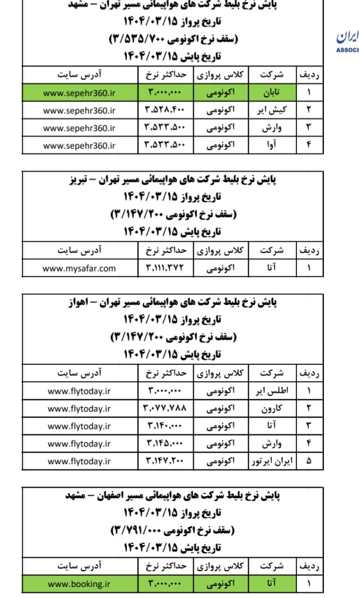 بلیت هواپیما در مسیر تهران - مشهد ۳میلیون تومان + عکس