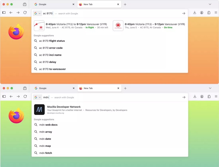 نمایش نتایج جست‌وجو مستقیماً در نوار آدرس فایرفاکس
